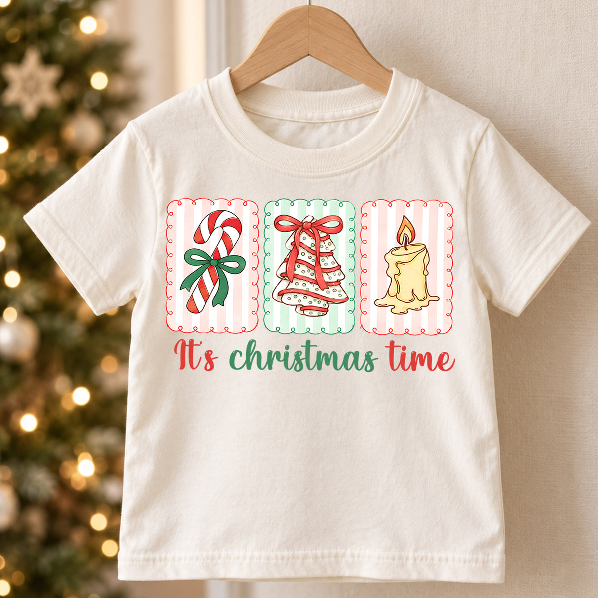 It's Christmas Time Kids Shirt, Candy Cane Tree Candle Holiday Tee, Retro Christmas T Shirt, Cute Festive Xmas Gift for Kids — product view 5