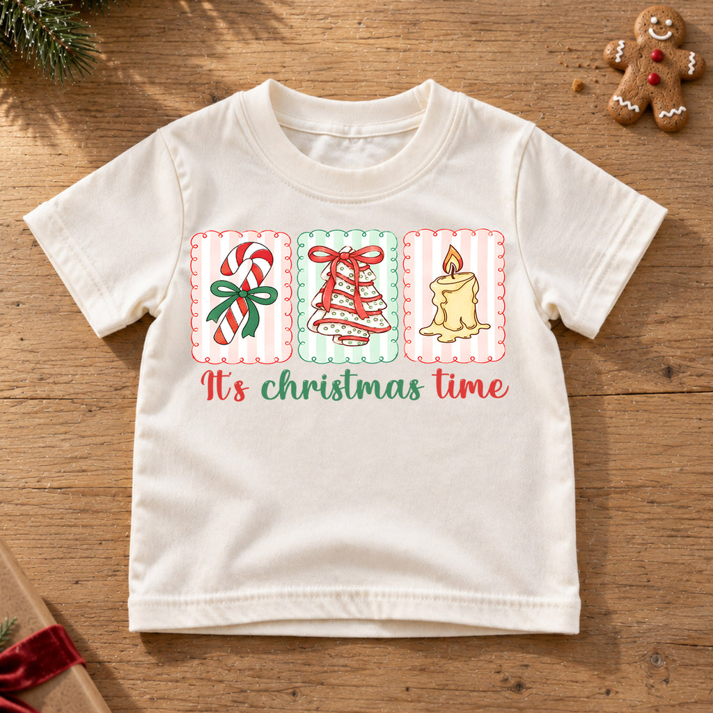 It's Christmas Time Kids Shirt, Candy Cane Tree Candle Holiday Tee, Retro Christmas T Shirt, Cute Festive Xmas Gift for Kids — product view 6