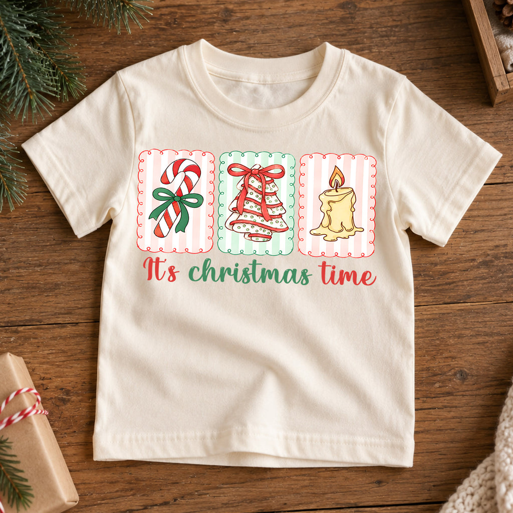 It's Christmas Time Kids Shirt, Candy Cane Tree Candle Holiday Tee, Retro Christmas T Shirt, Cute Festive Xmas Gift for Kids — product view 7