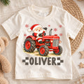 Custom Santa Tractor Christmas Kids T-Shirt, Personalized Name Farm Holiday Shirt, 1st Christmas Gift, 1st Birthday Keepsake for Boys — product view 1