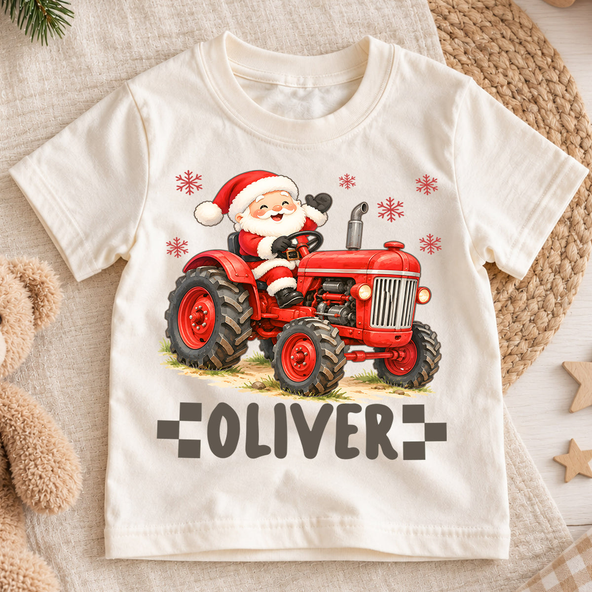 Custom Santa Tractor Christmas Kids T-Shirt, Personalized Name Farm Holiday Shirt, 1st Christmas Gift, 1st Birthday Keepsake for Boys — product view 1