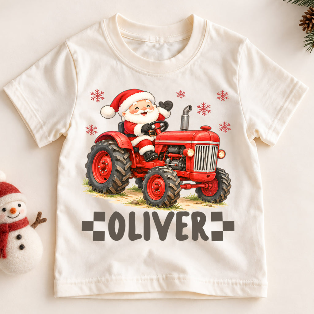 Custom Santa Tractor Christmas Kids T-Shirt, Personalized Name Farm Holiday Shirt, 1st Christmas Gift, 1st Birthday Keepsake for Boys — product view 2