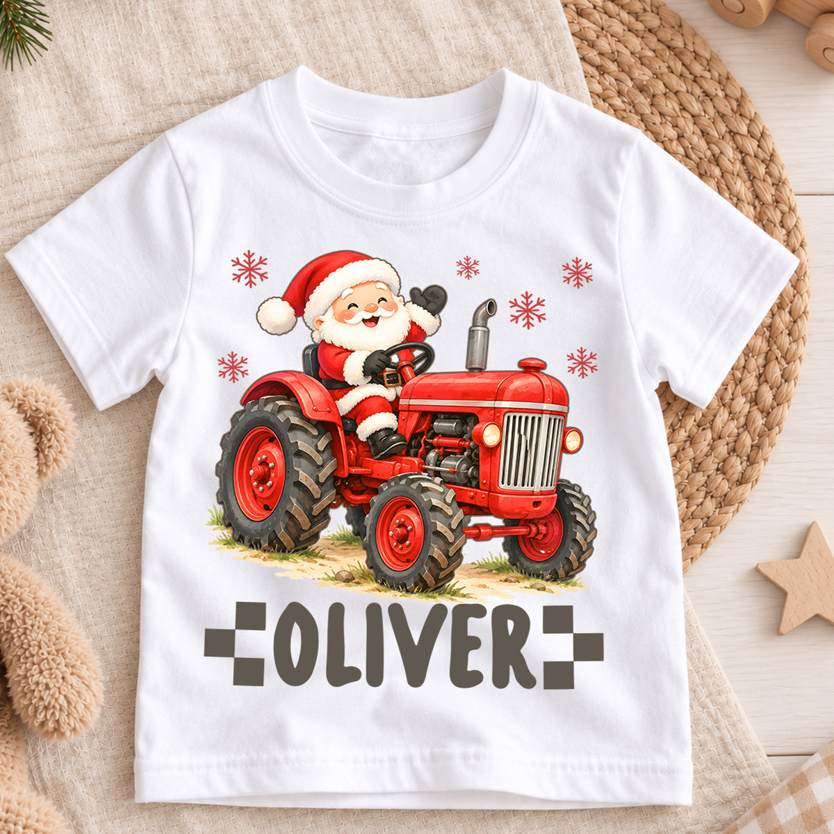 Custom Santa Tractor Christmas Kids T-Shirt, Personalized Name Farm Holiday Shirt, 1st Christmas Gift, 1st Birthday Keepsake for Boys — product view 3