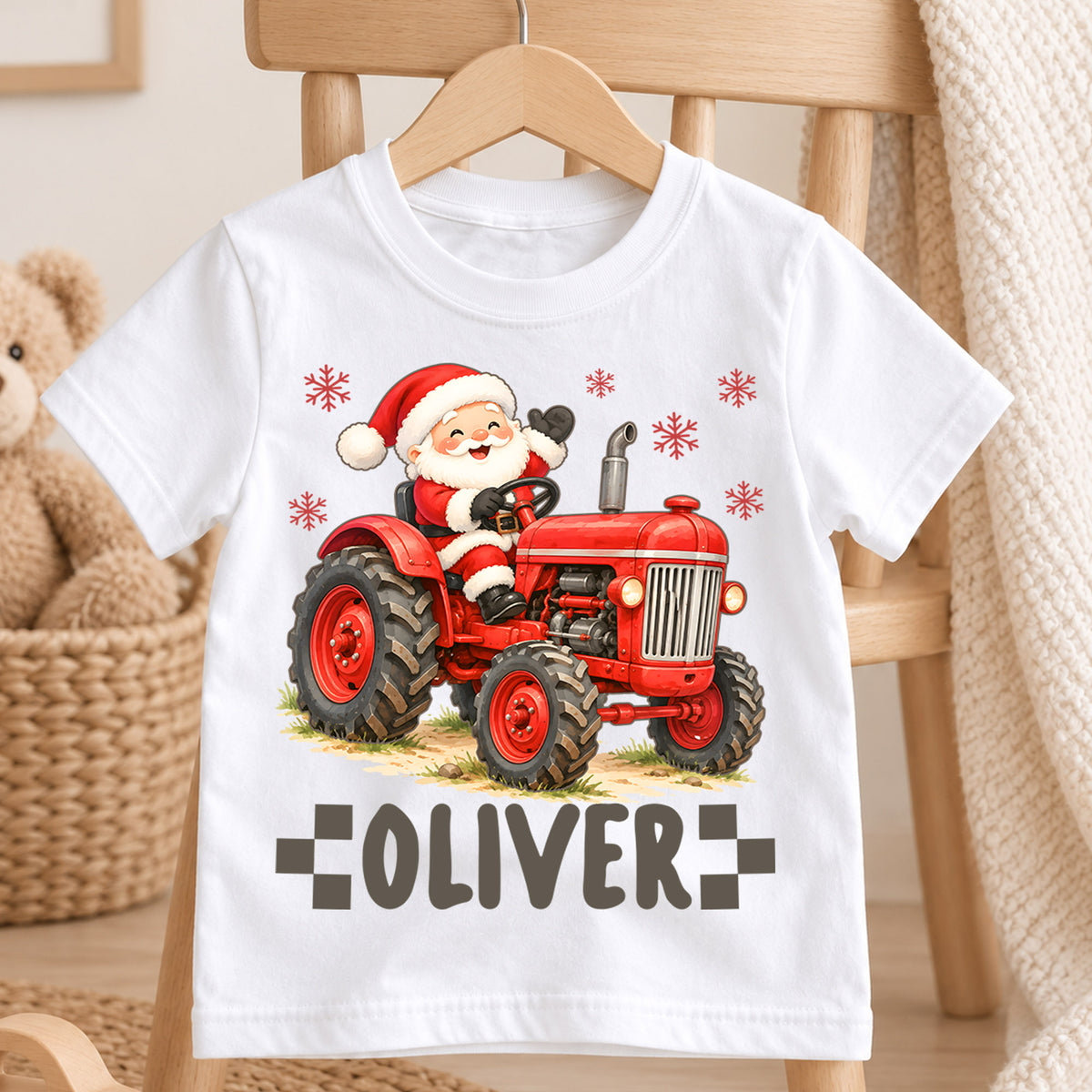 Custom Santa Tractor Christmas Kids T-Shirt, Personalized Name Farm Holiday Shirt, 1st Christmas Gift, 1st Birthday Keepsake for Boys — product view 4