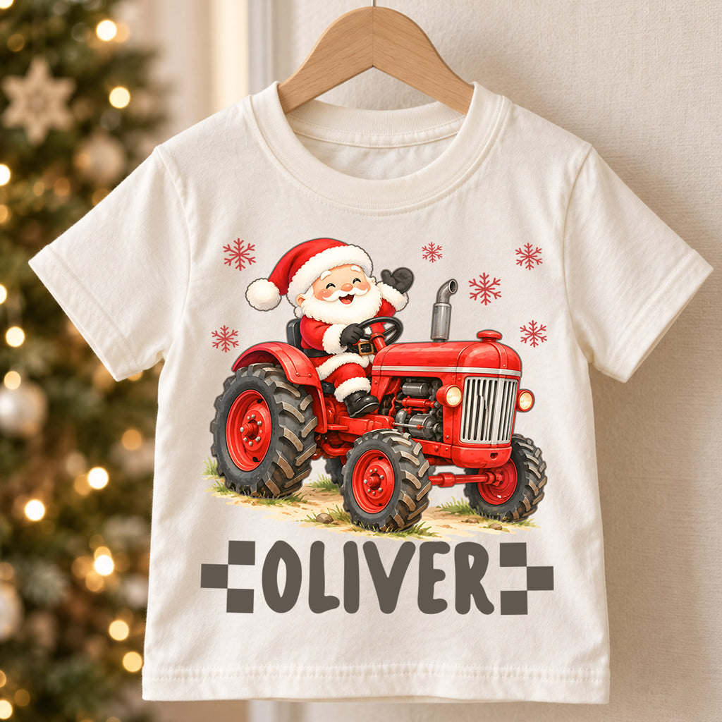 Custom Santa Tractor Christmas Kids T-Shirt, Personalized Name Farm Holiday Shirt, 1st Christmas Gift, 1st Birthday Keepsake for Boys — product view 5