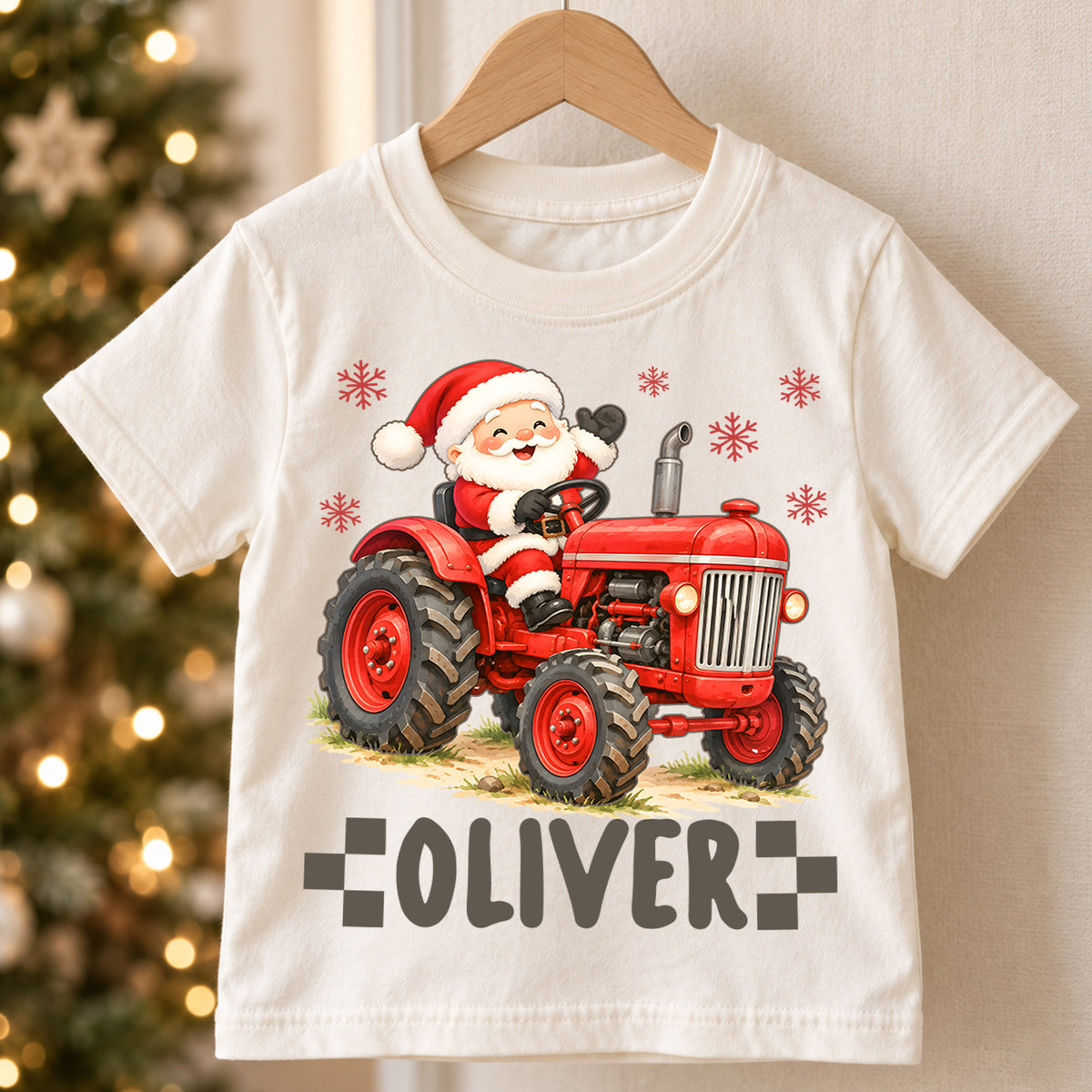 Custom Santa Tractor Christmas Kids T-Shirt, Personalized Name Farm Holiday Shirt, 1st Christmas Gift, 1st Birthday Keepsake for Boys — product view 5