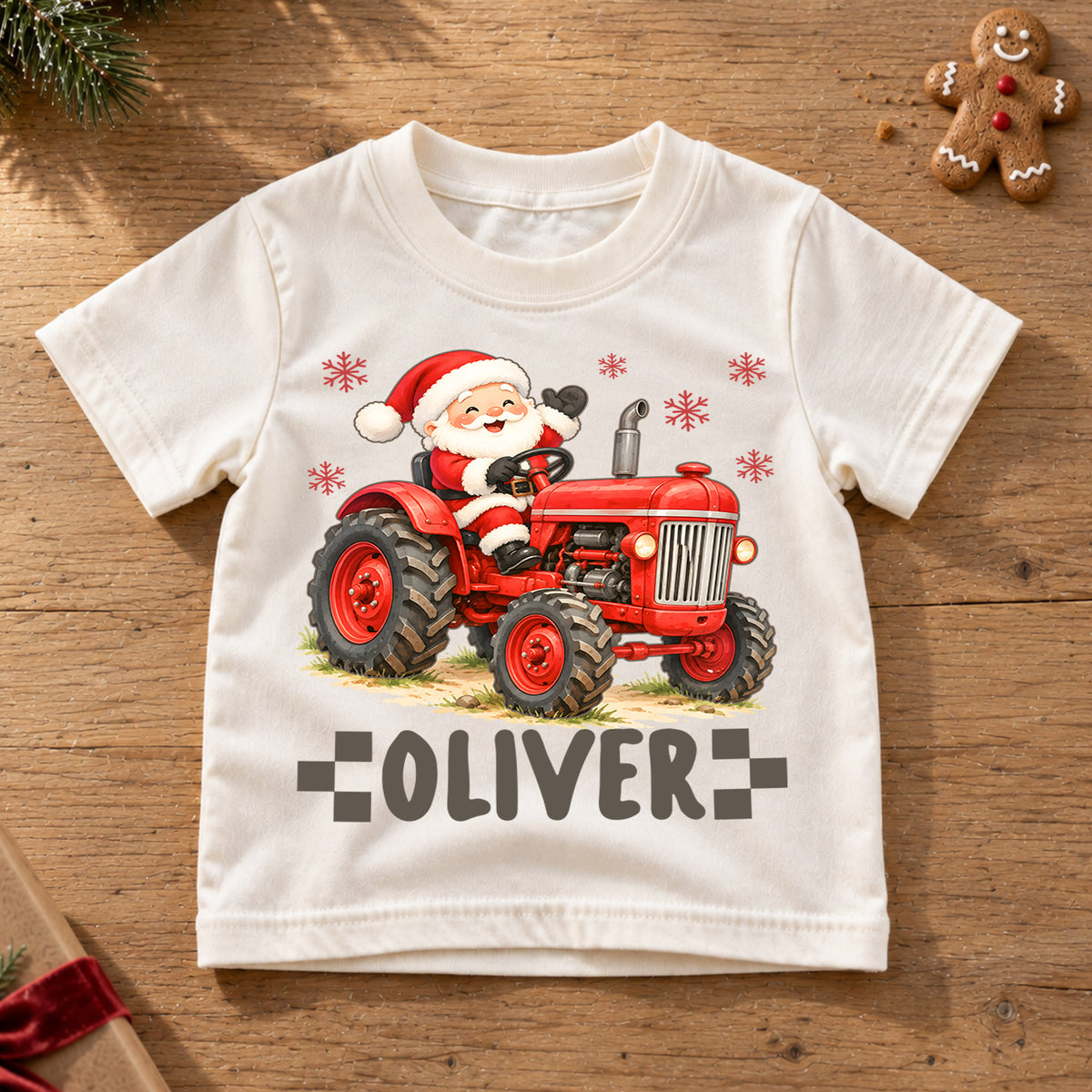 Custom Santa Tractor Christmas Kids T-Shirt, Personalized Name Farm Holiday Shirt, 1st Christmas Gift, 1st Birthday Keepsake for Boys — product view 6