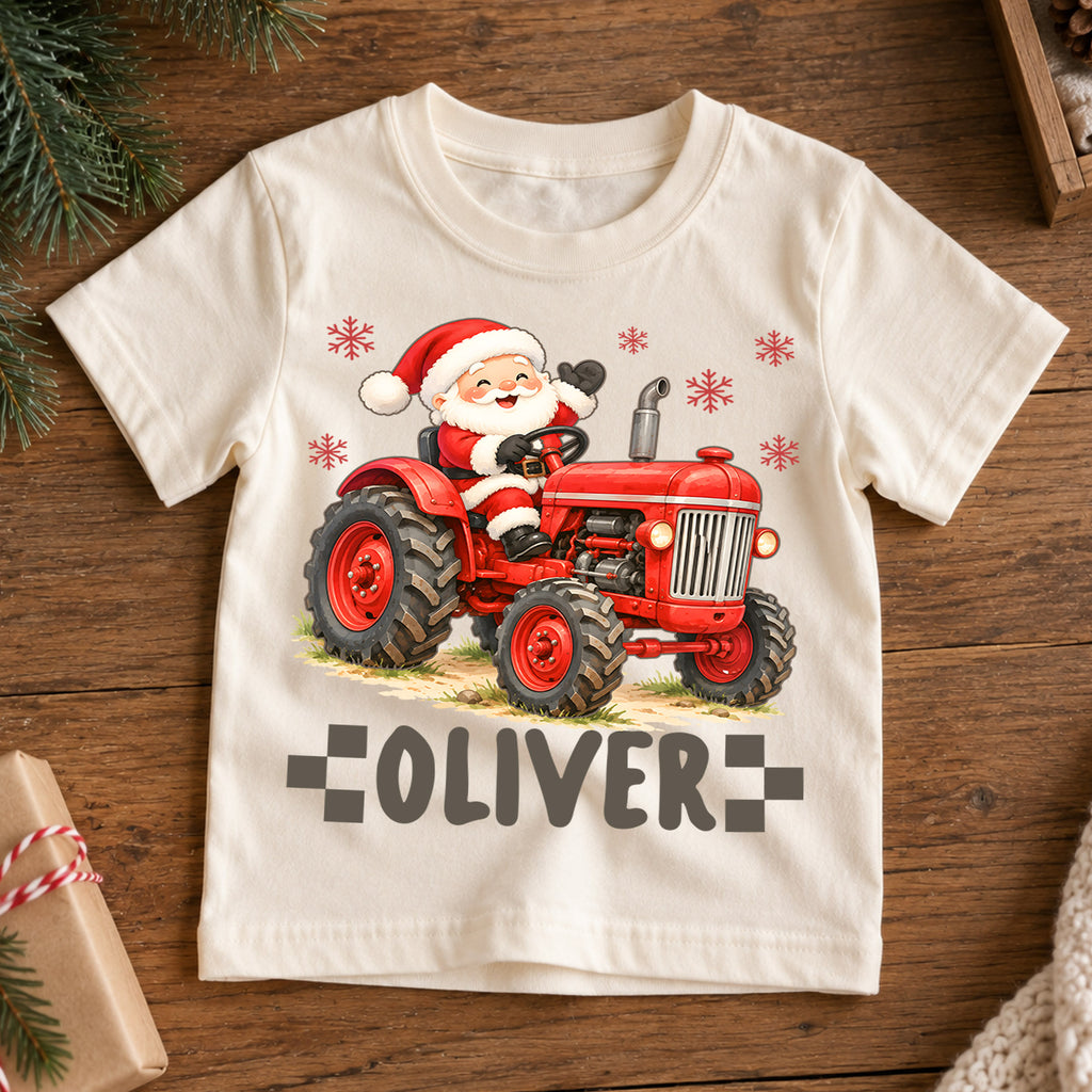 Custom Santa Tractor Christmas Kids T-Shirt, Personalized Name Farm Holiday Shirt, 1st Christmas Gift, 1st Birthday Keepsake for Boys — product view 7