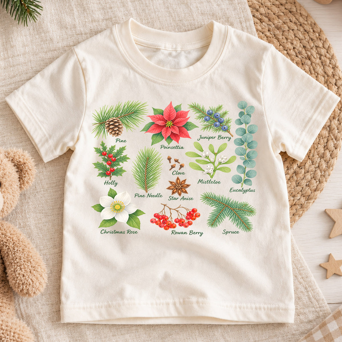 Christmas Botanical Kids Shirt, Holiday Plants Tee, Poinsettia Holly Mistletoe T Shirt, Nature Christmas Gift for Kids — product view 1