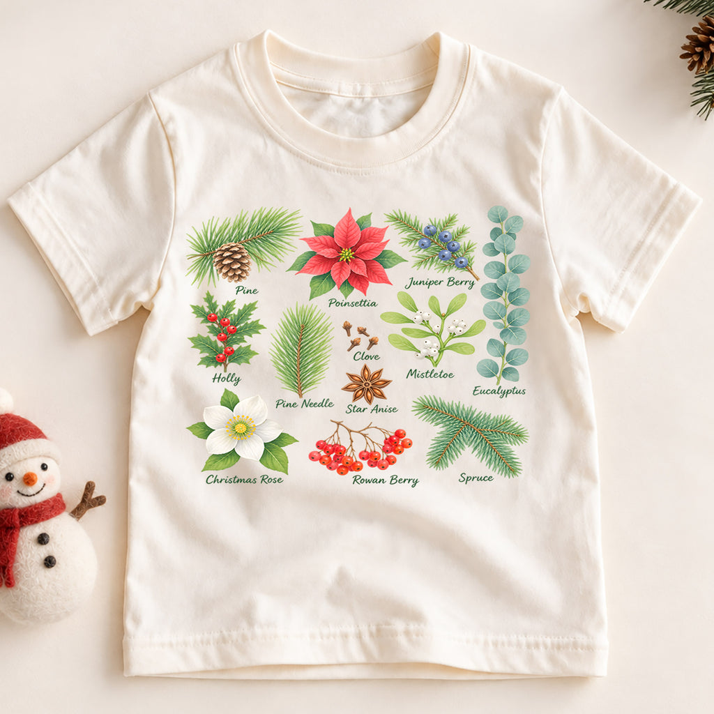 Christmas Botanical Kids Shirt, Holiday Plants Tee, Poinsettia Holly Mistletoe T Shirt, Nature Christmas Gift for Kids — product view 2
