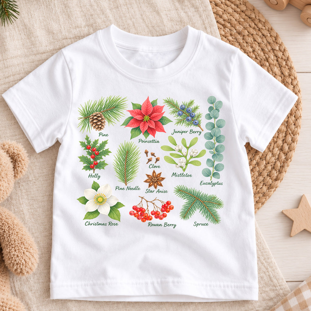 Christmas Botanical Kids Shirt, Holiday Plants Tee, Poinsettia Holly Mistletoe T Shirt, Nature Christmas Gift for Kids — product view 3