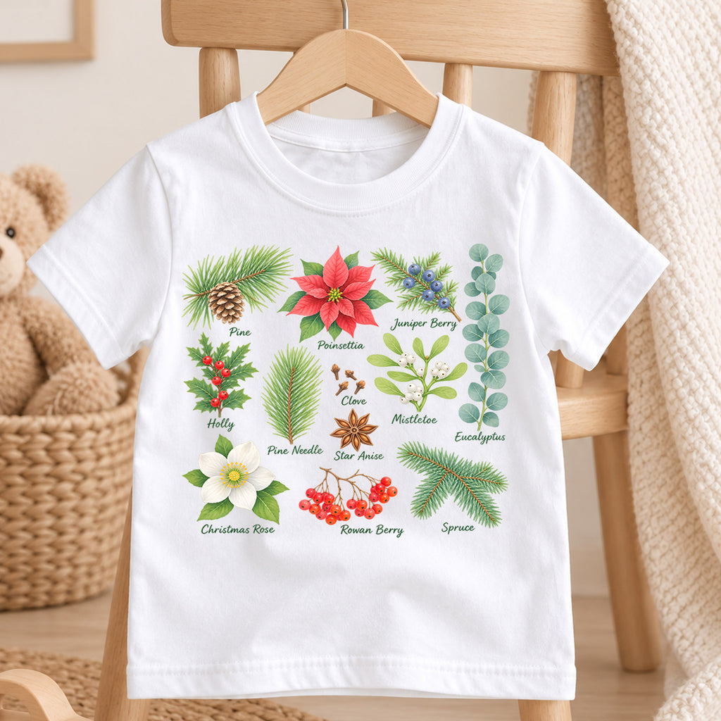 Christmas Botanical Kids Shirt, Holiday Plants Tee, Poinsettia Holly Mistletoe T Shirt, Nature Christmas Gift for Kids — product view 4