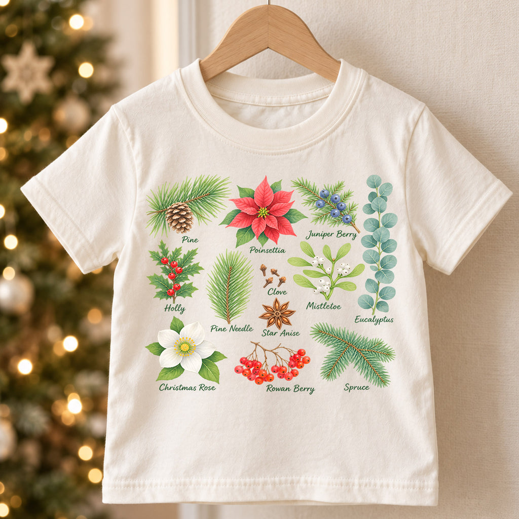 Christmas Botanical Kids Shirt, Holiday Plants Tee, Poinsettia Holly Mistletoe T Shirt, Nature Christmas Gift for Kids — product view 5