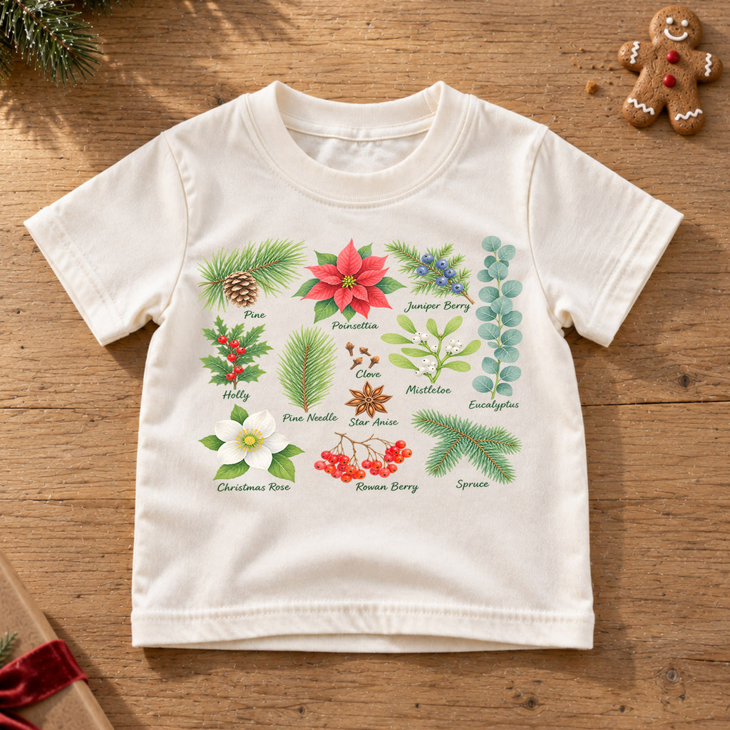 Christmas Botanical Kids Shirt, Holiday Plants Tee, Poinsettia Holly Mistletoe T Shirt, Nature Christmas Gift for Kids — product view 6