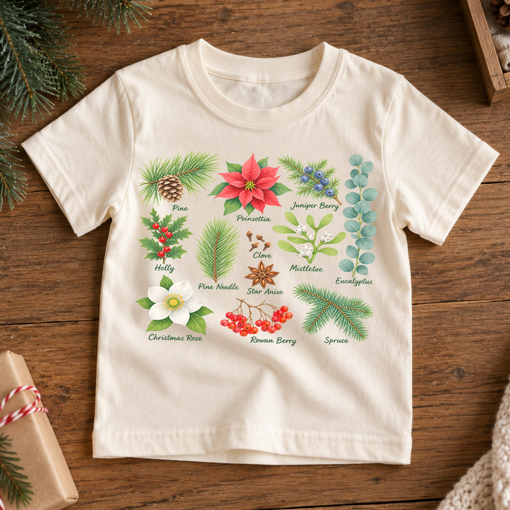 Christmas Botanical Kids Shirt, Holiday Plants Tee, Poinsettia Holly Mistletoe T Shirt, Nature Christmas Gift for Kids — product view 7