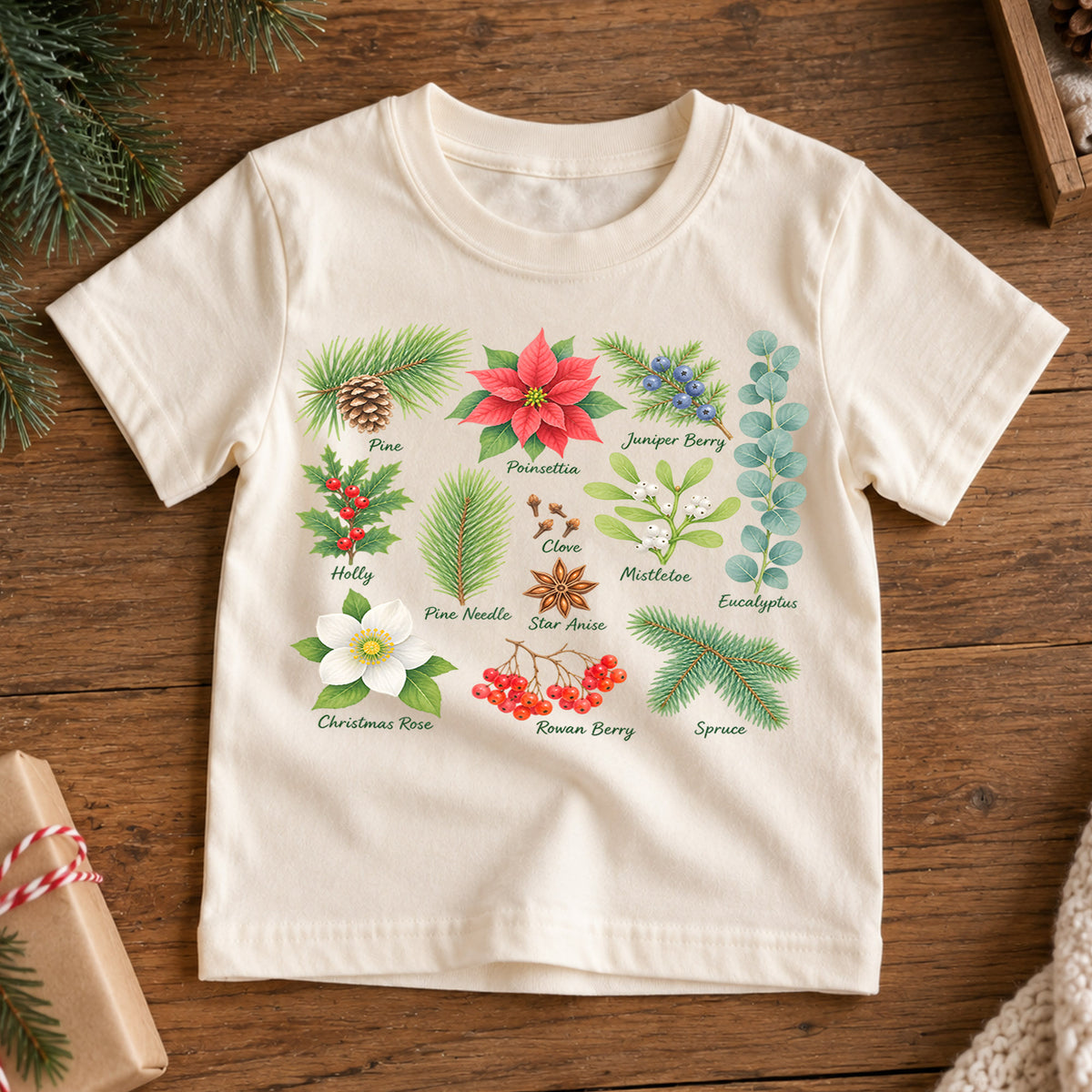 Christmas Botanical Kids Shirt, Holiday Plants Tee, Poinsettia Holly Mistletoe T Shirt, Nature Christmas Gift for Kids — product view 7