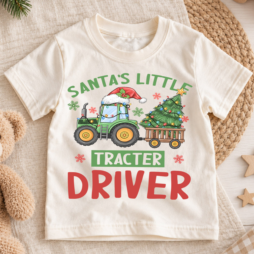 Santa's Little Tractor Driver Kids Christmas Shirt, Christmas Tractor Tee, Farm Holiday T Shirt, Xmas Gift for Tractor Lover — product view 1
