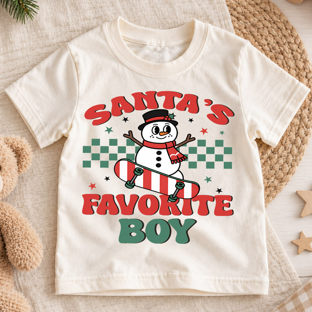 Santa's Favorite Boy Kids Christmas Shirt, Snowman Skateboard Tee, Retro Christmas Shirt for Boys, Funny Festive Holiday Outfit and Gift — product view 1