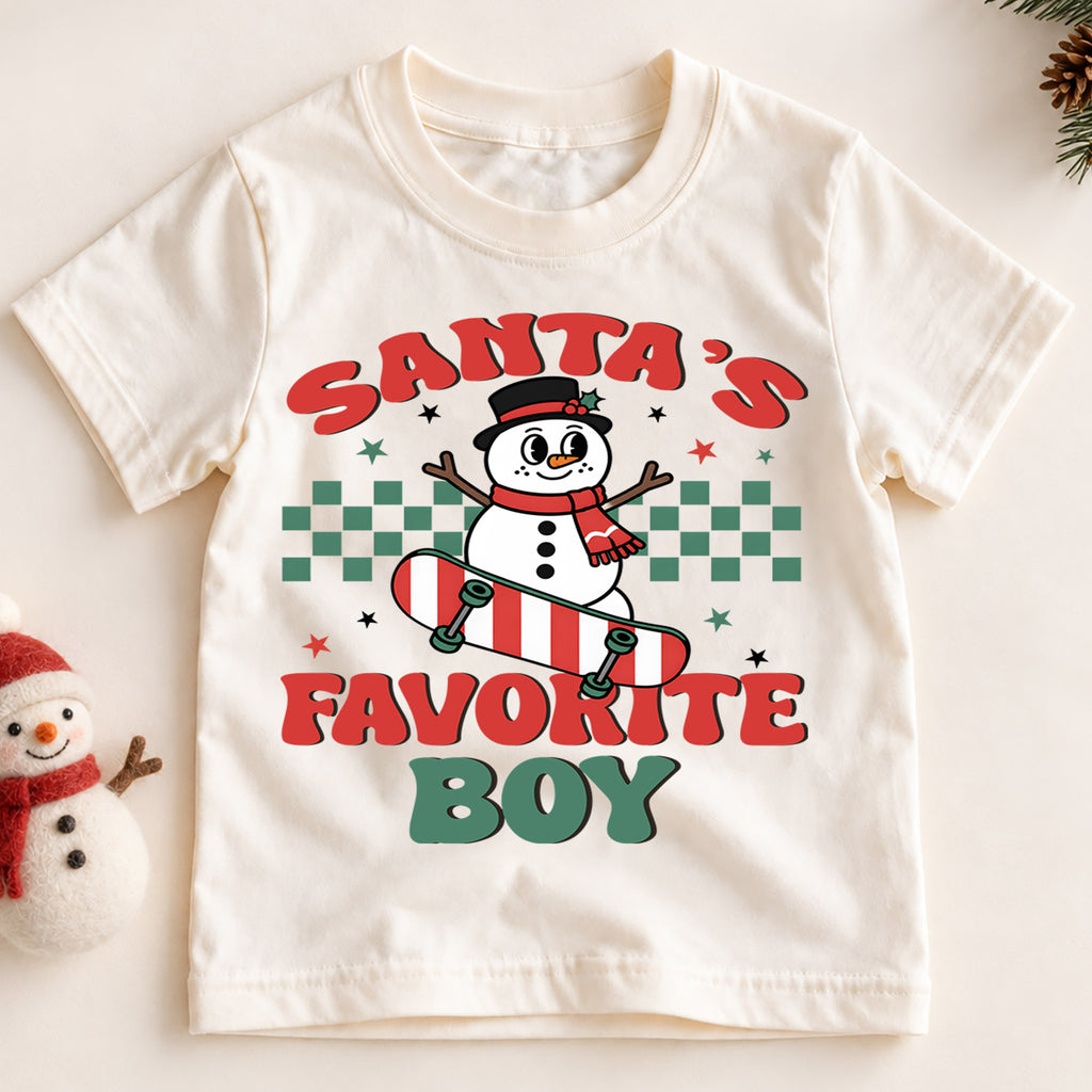 Santa's Favorite Boy Kids Christmas Shirt, Snowman Skateboard Tee, Retro Christmas Shirt for Boys, Funny Festive Holiday Outfit and Gift — product view 2