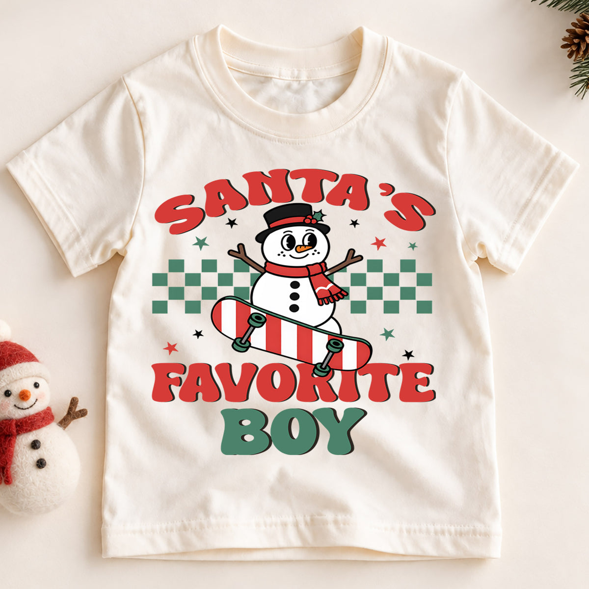 Santa's Favorite Boy Kids Christmas Shirt, Snowman Skateboard Tee, Retro Christmas Shirt for Boys, Funny Festive Holiday Outfit and Gift — product view 2