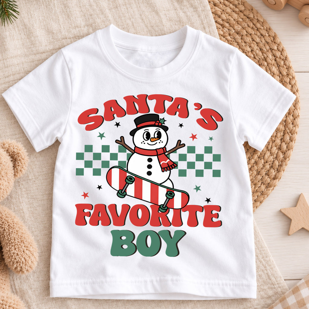 Santa's Favorite Boy Kids Christmas Shirt, Snowman Skateboard Tee, Retro Christmas Shirt for Boys, Funny Festive Holiday Outfit and Gift — product view 3