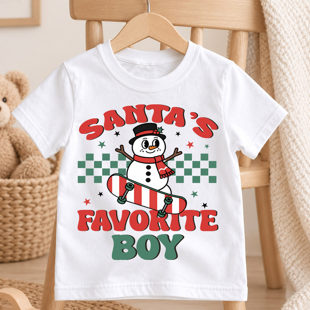 Santa's Favorite Boy Kids Christmas Shirt, Snowman Skateboard Tee, Retro Christmas Shirt for Boys, Funny Festive Holiday Outfit and Gift — product view 4