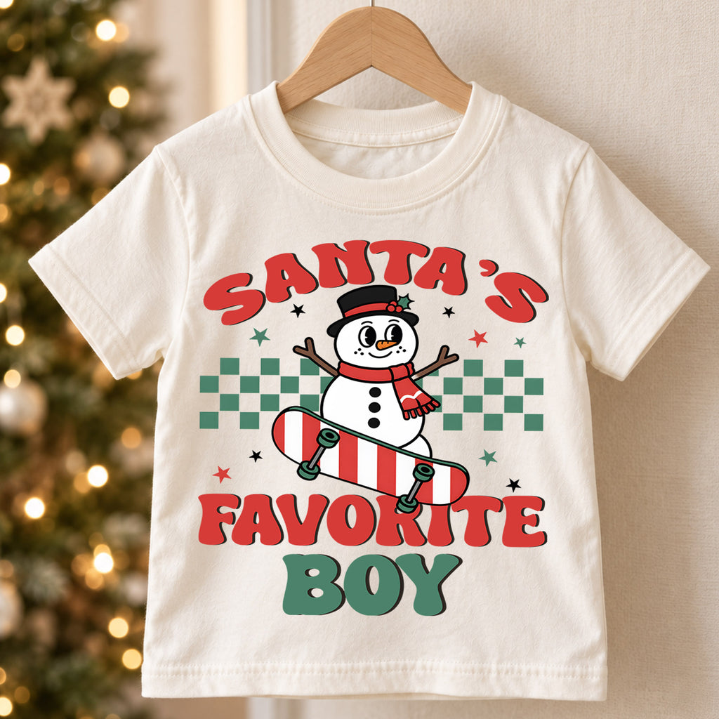 Santa's Favorite Boy Kids Christmas Shirt, Snowman Skateboard Tee, Retro Christmas Shirt for Boys, Funny Festive Holiday Outfit and Gift — product view 5