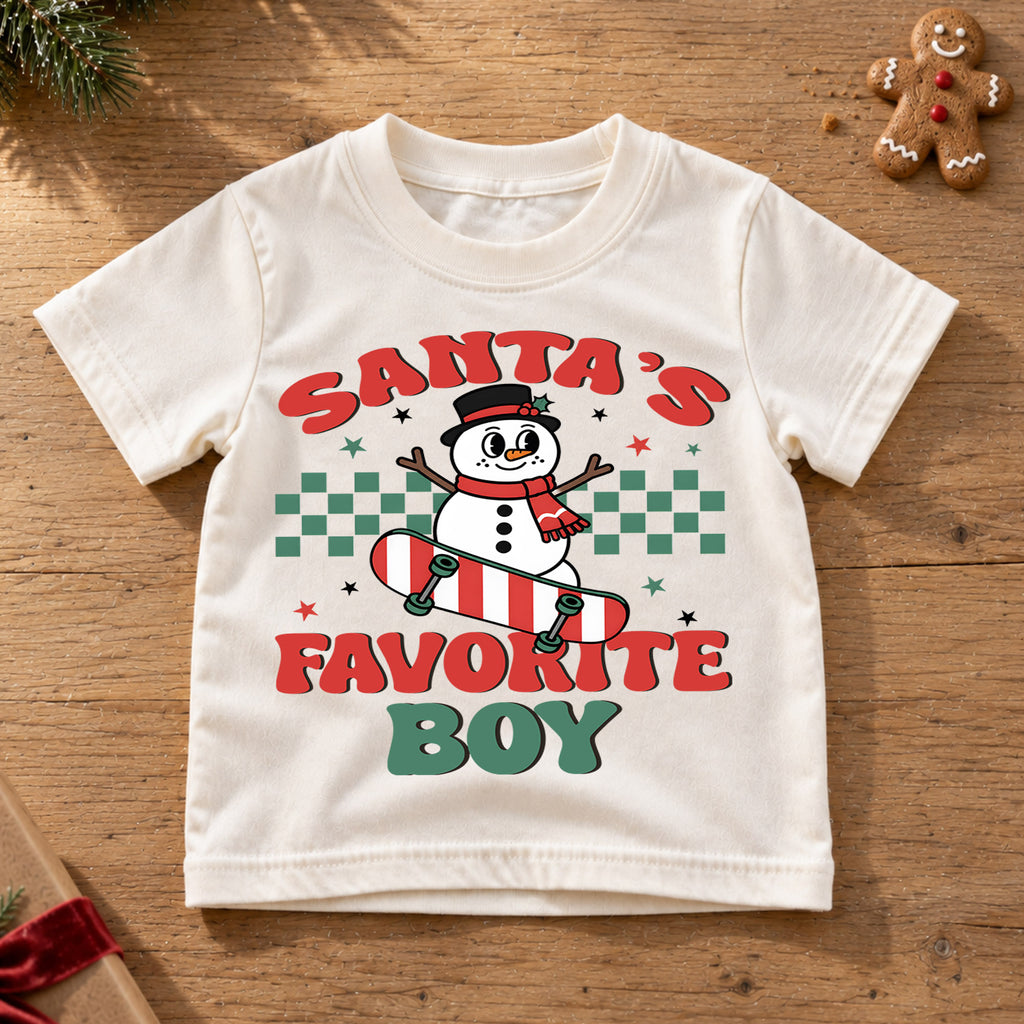 Santa's Favorite Boy Kids Christmas Shirt, Snowman Skateboard Tee, Retro Christmas Shirt for Boys, Funny Festive Holiday Outfit and Gift — product view 6