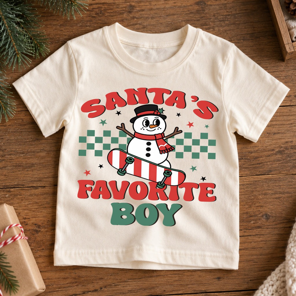 Santa's Favorite Boy Kids Christmas Shirt, Snowman Skateboard Tee, Retro Christmas Shirt for Boys, Funny Festive Holiday Outfit and Gift — product view 7