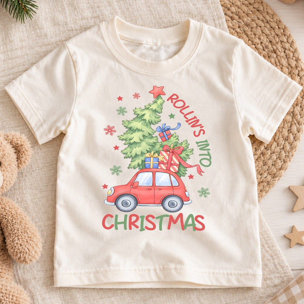 Rollin' Into Christmas Kids Shirt, Red Car Christmas Tree Tee, Holiday Road Trip T Shirt, Cute Xmas Gift for Kids — product view 1