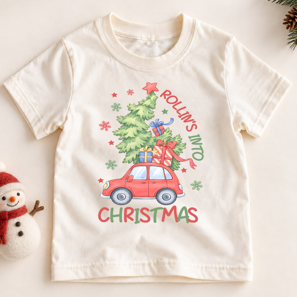 Rollin' Into Christmas Kids Shirt, Red Car Christmas Tree Tee, Holiday Road Trip T Shirt, Cute Xmas Gift for Kids — product view 2