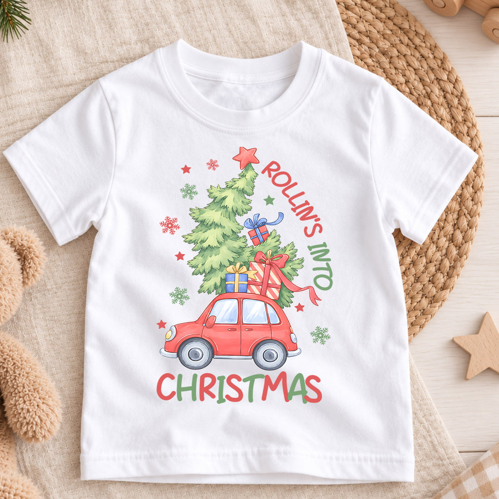 Rollin' Into Christmas Kids Shirt, Red Car Christmas Tree Tee, Holiday Road Trip T Shirt, Cute Xmas Gift for Kids — product view 3
