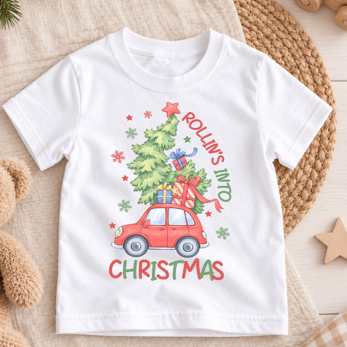Rollin' Into Christmas Kids Shirt, Red Car Christmas Tree Tee, Holiday Road Trip T Shirt, Cute Xmas Gift for Kids — product view 3