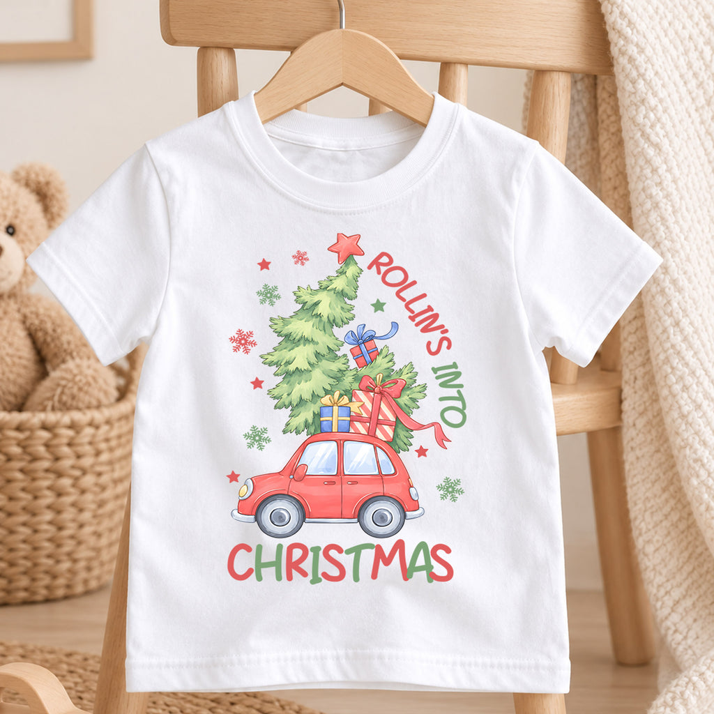 Rollin' Into Christmas Kids Shirt, Red Car Christmas Tree Tee, Holiday Road Trip T Shirt, Cute Xmas Gift for Kids — product view 4