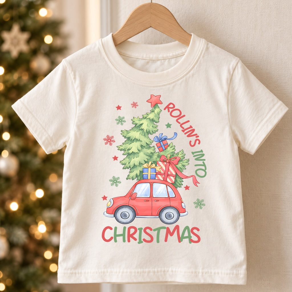 Rollin' Into Christmas Kids Shirt, Red Car Christmas Tree Tee, Holiday Road Trip T Shirt, Cute Xmas Gift for Kids — product view 5