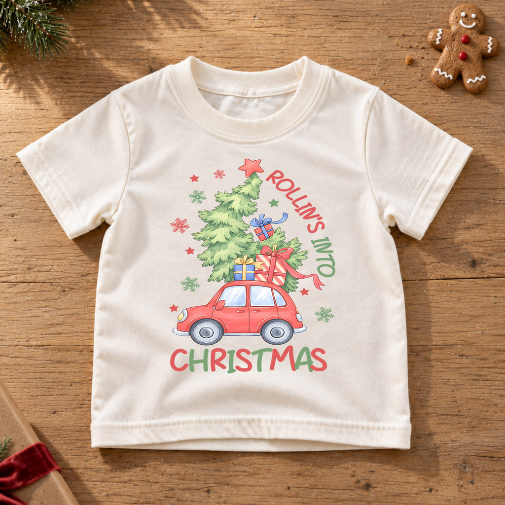 Rollin' Into Christmas Kids Shirt, Red Car Christmas Tree Tee, Holiday Road Trip T Shirt, Cute Xmas Gift for Kids — product view 6