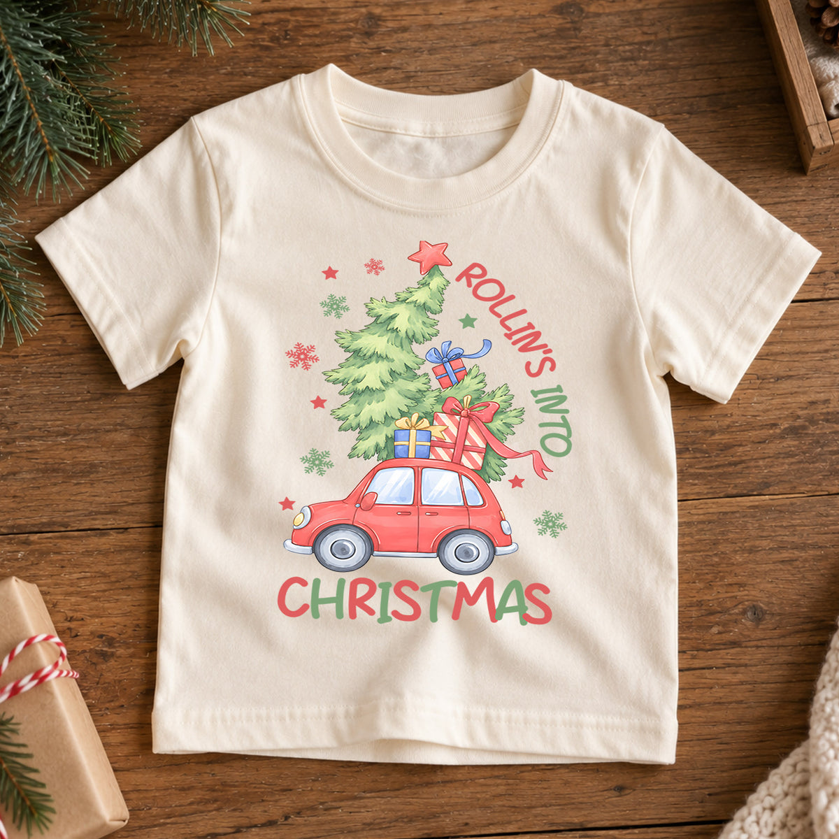 Rollin' Into Christmas Kids Shirt, Red Car Christmas Tree Tee, Holiday Road Trip T Shirt, Cute Xmas Gift for Kids — product view 7