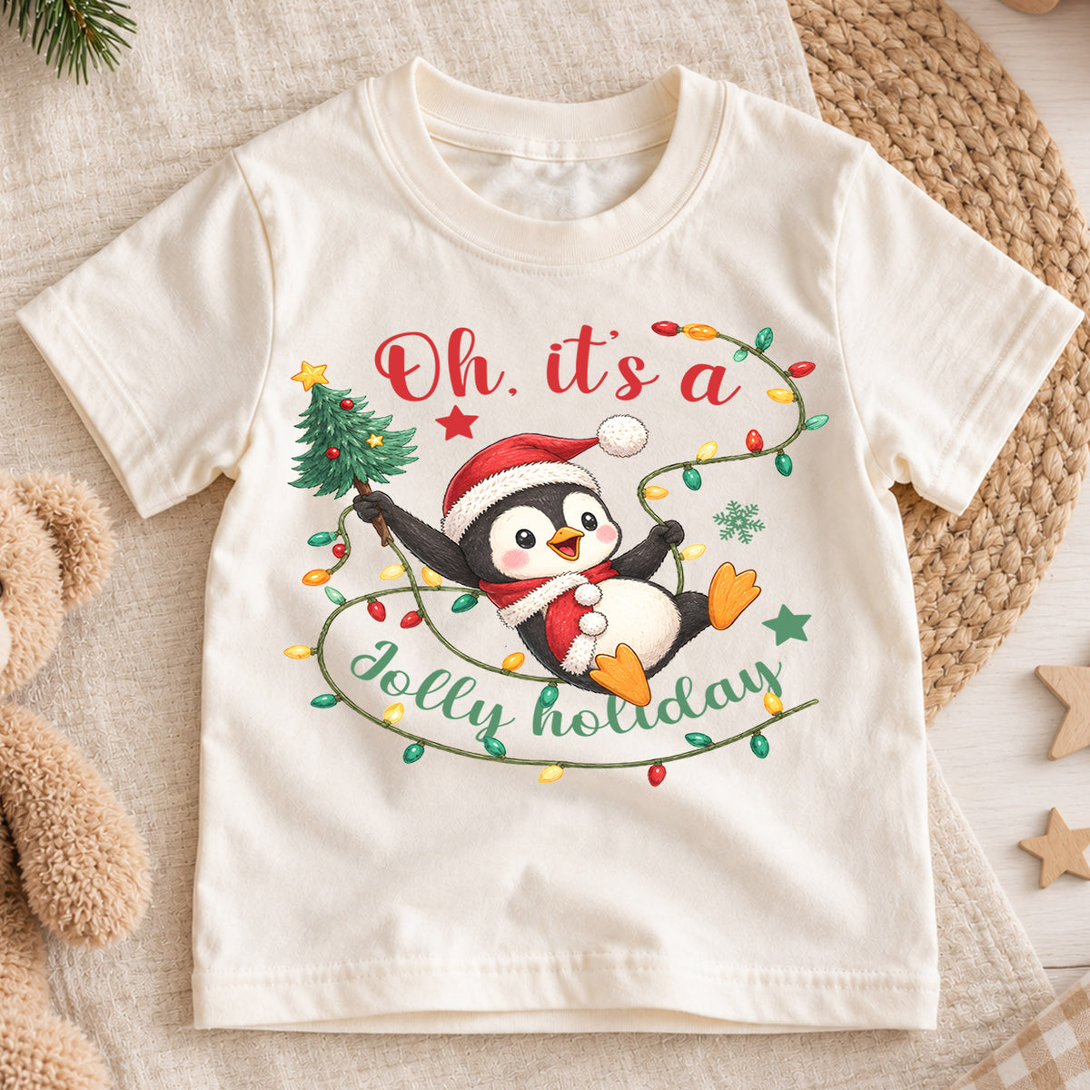 Jolly Holiday Penguin Kids Christmas Shirt, Cute Penguin Christmas Lights Tee, Santa Hat Holiday T Shirt, Xmas Gift for Kids — product view 1