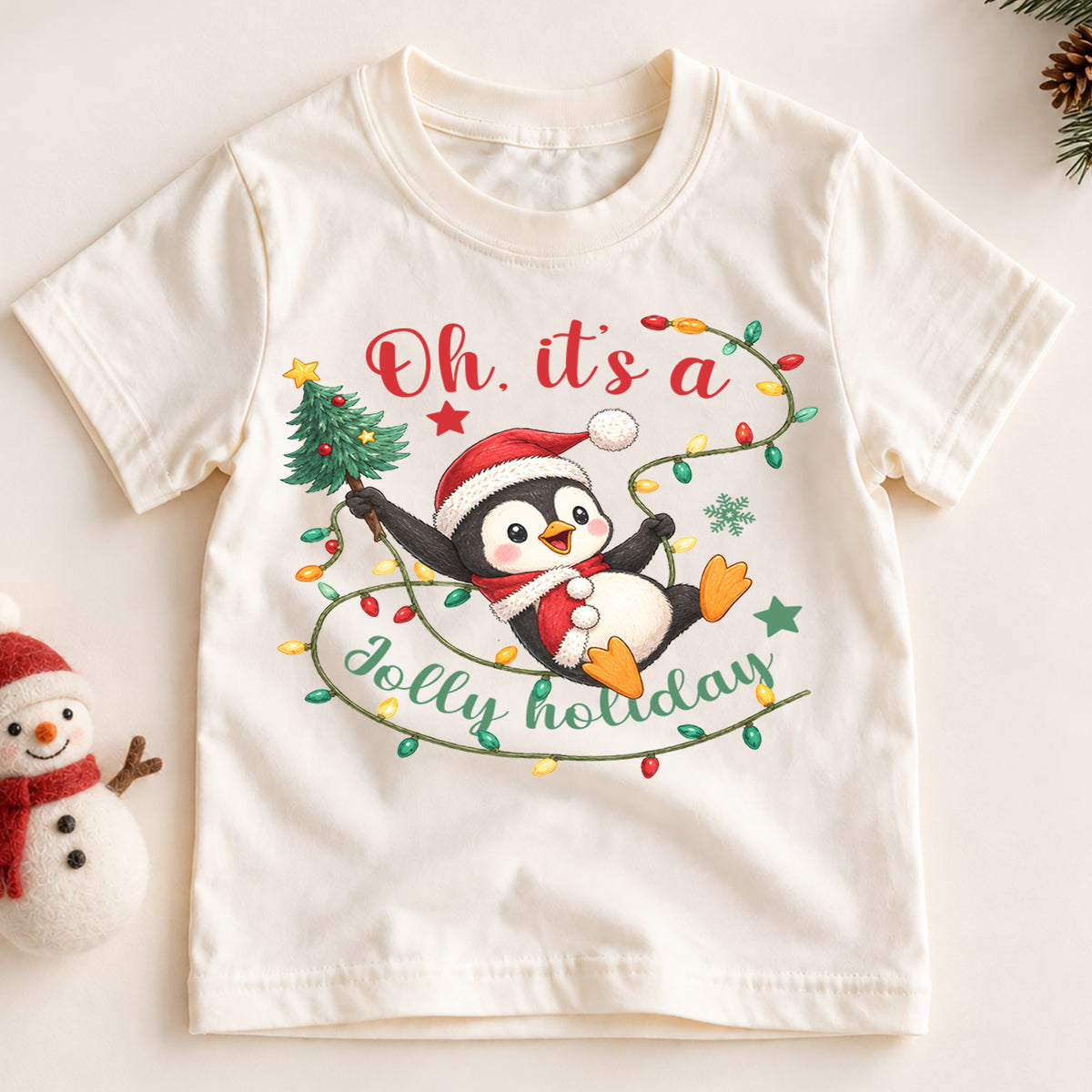 Jolly Holiday Penguin Kids Christmas Shirt, Cute Penguin Christmas Lights Tee, Santa Hat Holiday T Shirt, Xmas Gift for Kids — product view 2