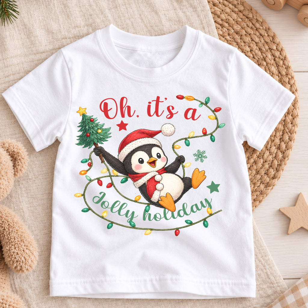 Jolly Holiday Penguin Kids Christmas Shirt, Cute Penguin Christmas Lights Tee, Santa Hat Holiday T Shirt, Xmas Gift for Kids — product view 3