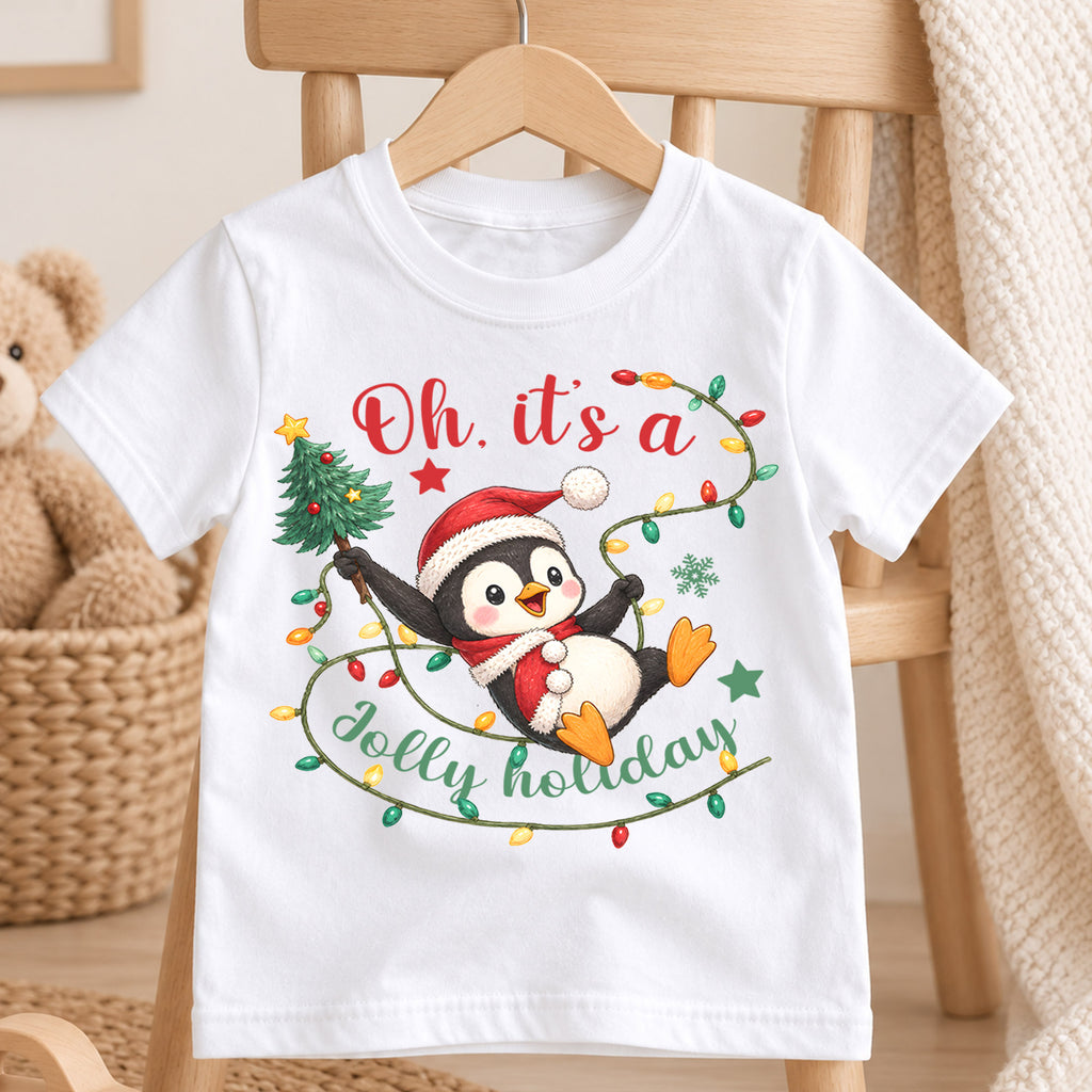 Jolly Holiday Penguin Kids Christmas Shirt, Cute Penguin Christmas Lights Tee, Santa Hat Holiday T Shirt, Xmas Gift for Kids — product view 4