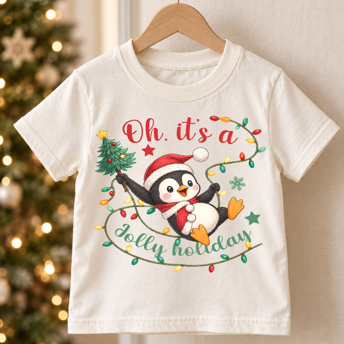 Jolly Holiday Penguin Kids Christmas Shirt, Cute Penguin Christmas Lights Tee, Santa Hat Holiday T Shirt, Xmas Gift for Kids — product view 5