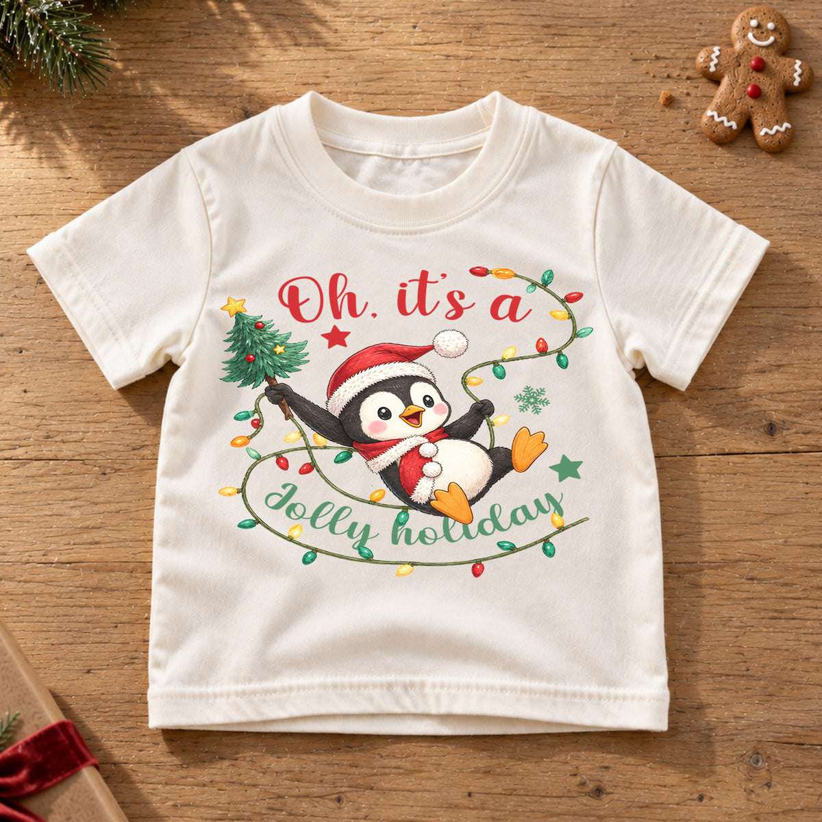 Jolly Holiday Penguin Kids Christmas Shirt, Cute Penguin Christmas Lights Tee, Santa Hat Holiday T Shirt, Xmas Gift for Kids — product view 6
