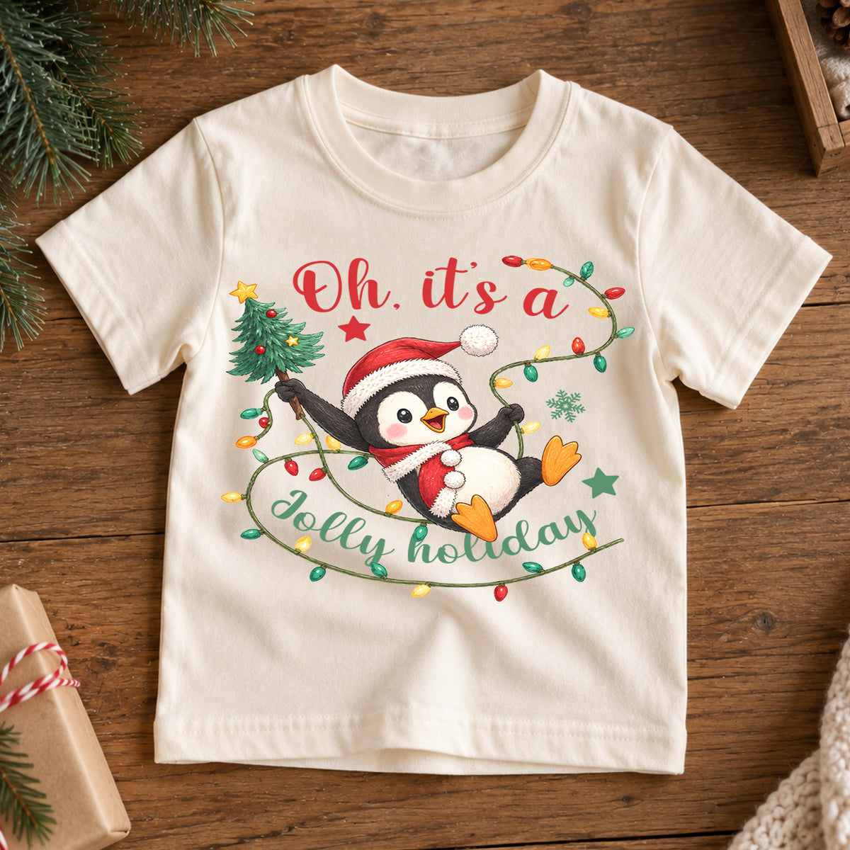 Jolly Holiday Penguin Kids Christmas Shirt, Cute Penguin Christmas Lights Tee, Santa Hat Holiday T Shirt, Xmas Gift for Kids — product view 7