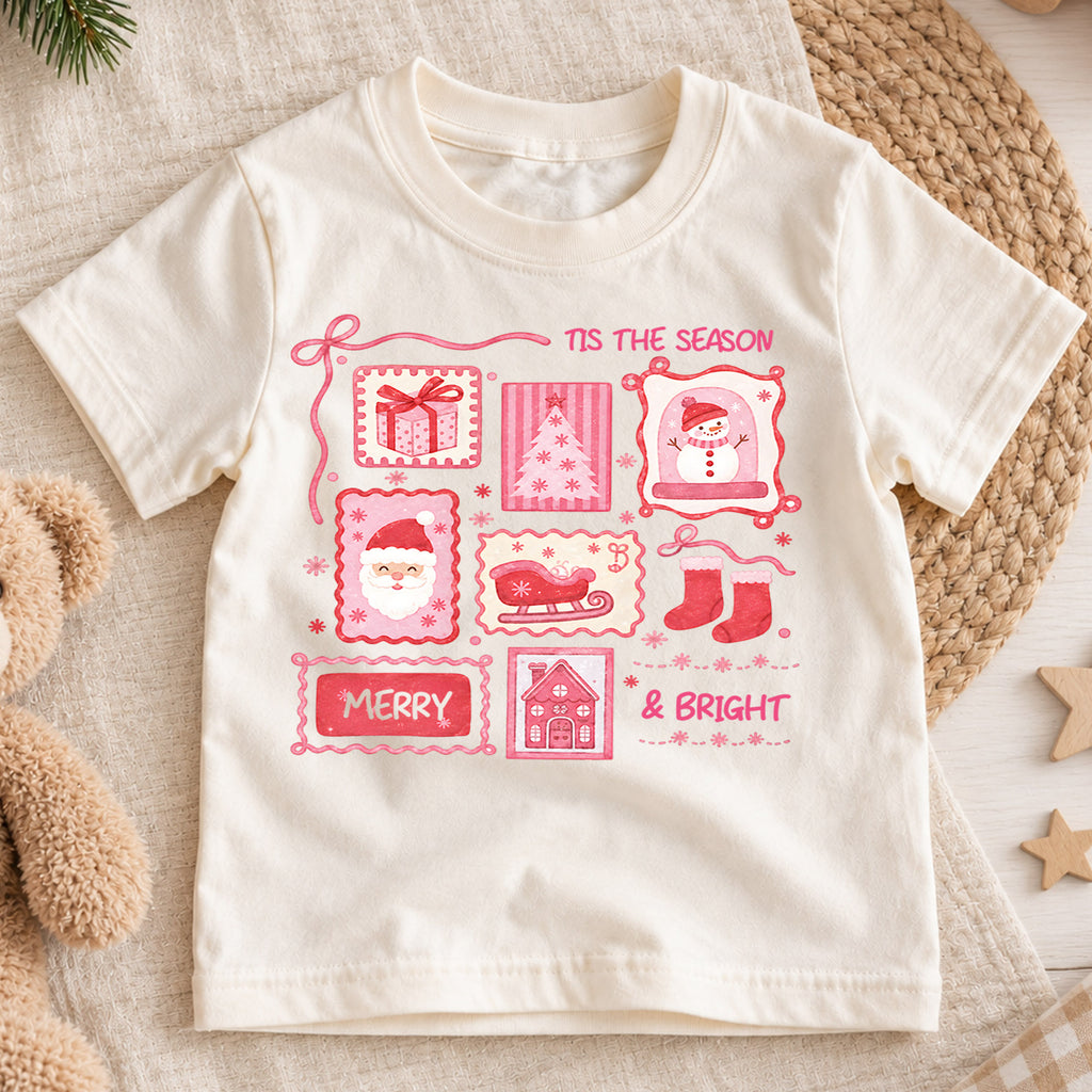 Tis the Season Pink Christmas Kids Shirt, Merry and Bright Santa Snowman Tee, Coquette Holiday Shirt for Kids, Cute Girly Christmas Outfit — product view 1