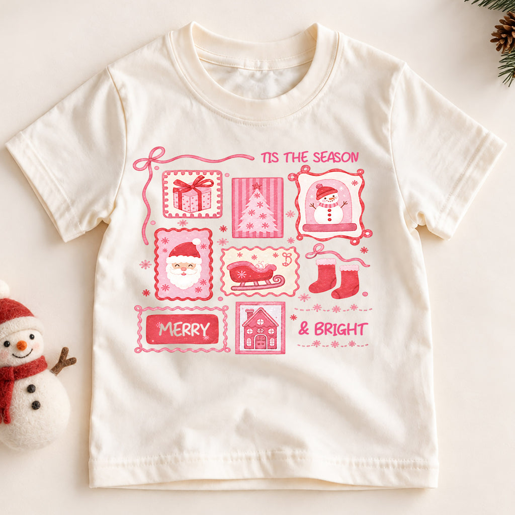 Tis the Season Pink Christmas Kids Shirt, Merry and Bright Santa Snowman Tee, Coquette Holiday Shirt for Kids, Cute Girly Christmas Outfit — product view 2