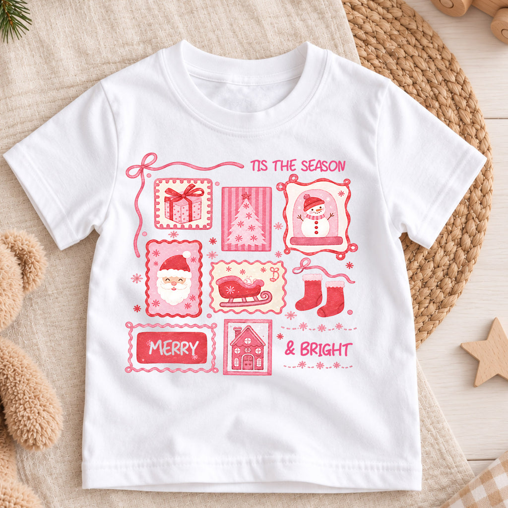 Tis the Season Pink Christmas Kids Shirt, Merry and Bright Santa Snowman Tee, Coquette Holiday Shirt for Kids, Cute Girly Christmas Outfit — product view 3