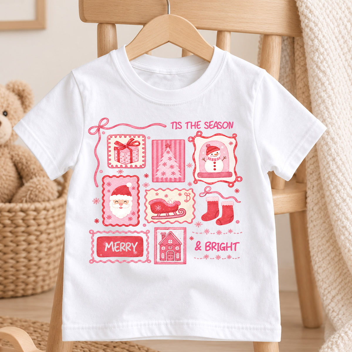Tis the Season Pink Christmas Kids Shirt, Merry and Bright Santa Snowman Tee, Coquette Holiday Shirt for Kids, Cute Girly Christmas Outfit — product view 4
