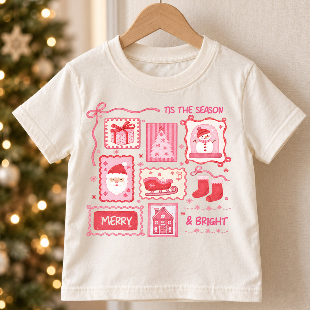 Tis the Season Pink Christmas Kids Shirt, Merry and Bright Santa Snowman Tee, Coquette Holiday Shirt for Kids, Cute Girly Christmas Outfit — product view 5