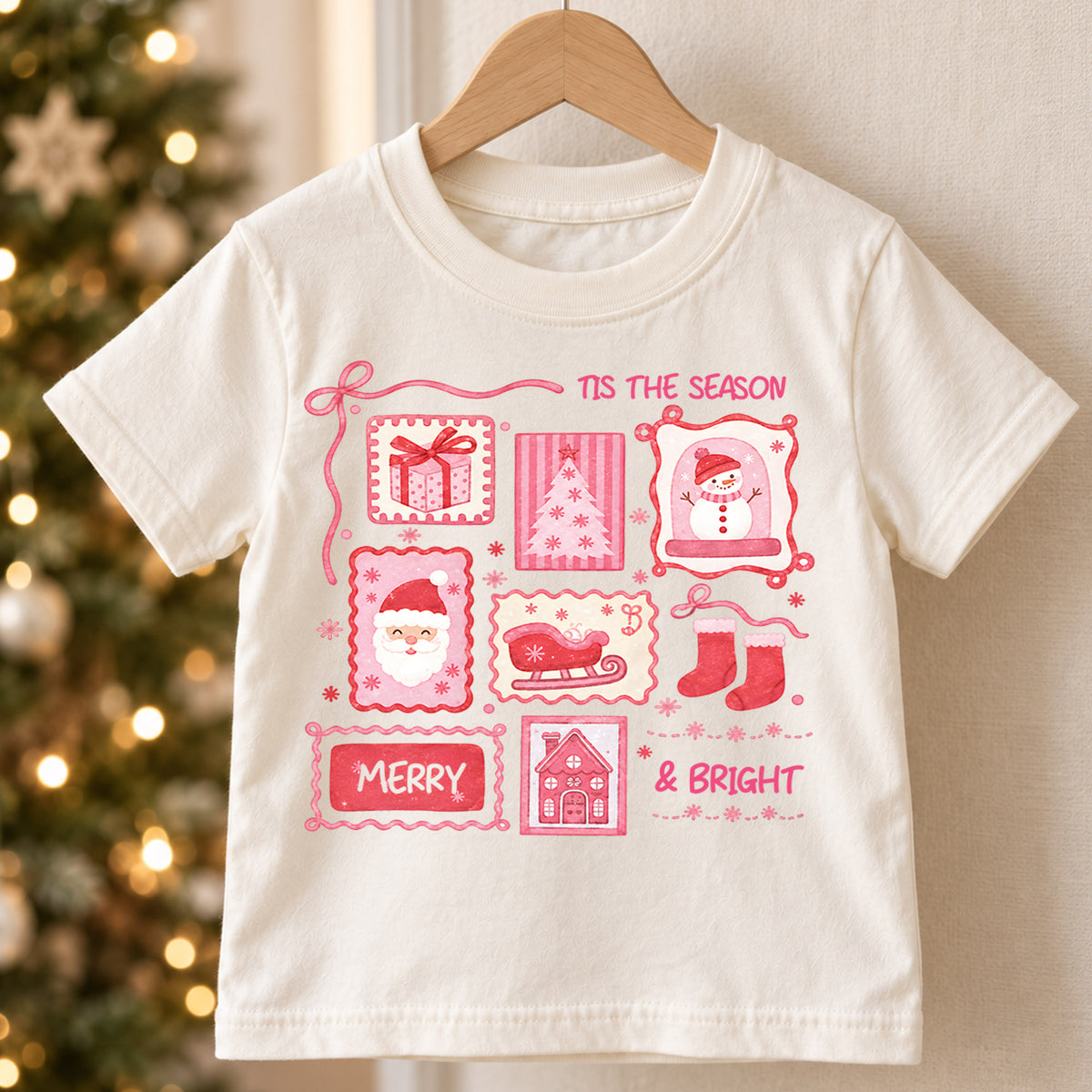Tis the Season Pink Christmas Kids Shirt, Merry and Bright Santa Snowman Tee, Coquette Holiday Shirt for Kids, Cute Girly Christmas Outfit — product view 5